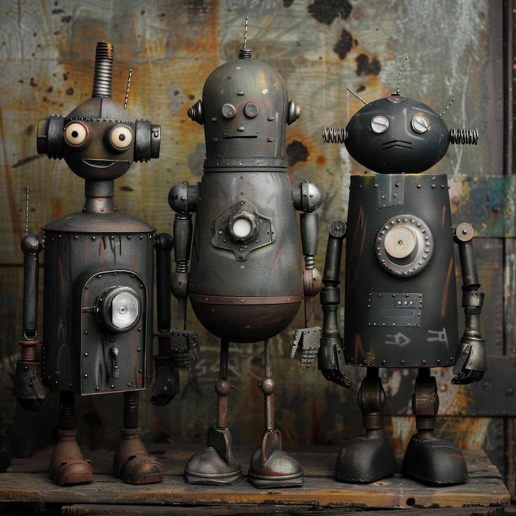 PSD three vintagestyle metal robots standing together on a wooden surface