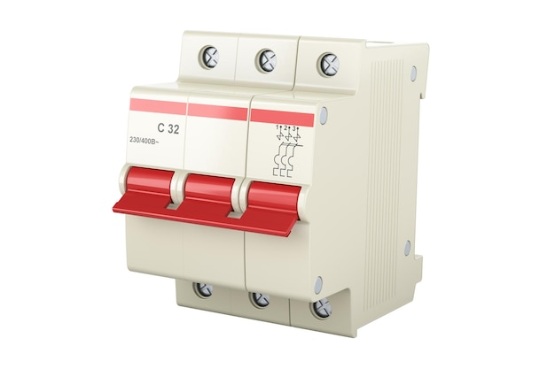 threepole miniature circuit breaker closeup 3d rendering isolated on transparent background