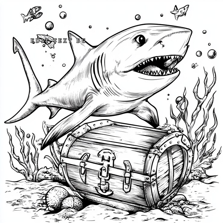 PSD tiburón de dibujos animados guardando un cofre del tesoro bajo el agua