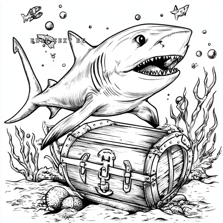 PSD tiburón de dibujos animados guardando un cofre del tesoro bajo el agua