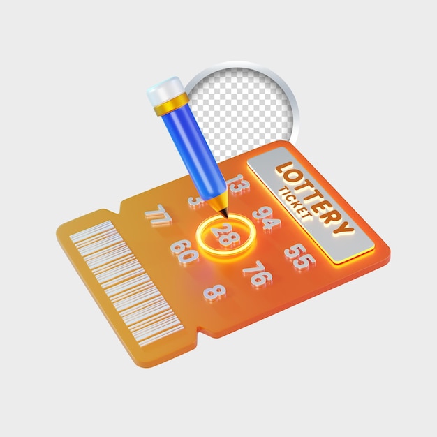 Ticket de lotería icono 3D con escritura por lápiz azul