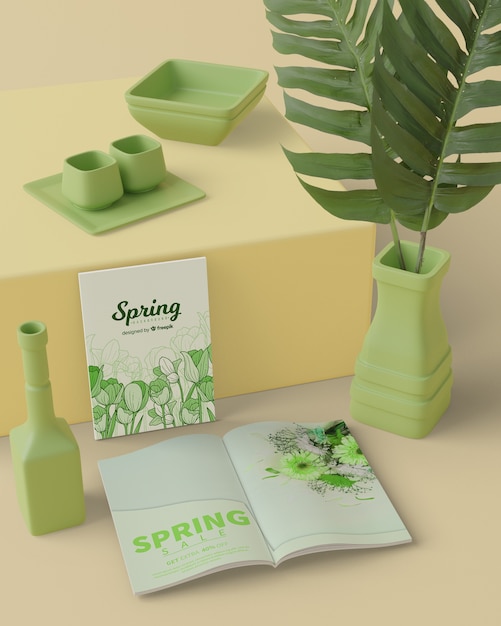 PSD tiempo de primavera con maquetas de decoraciones 3d