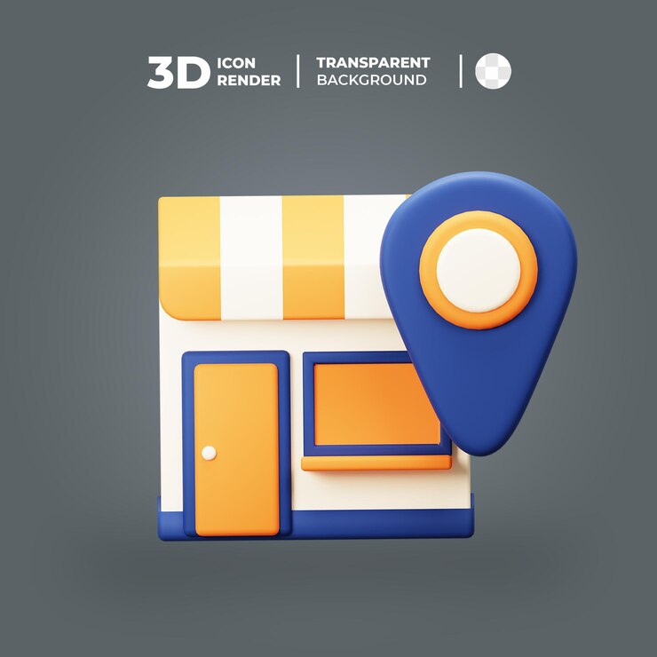 PSD una tienda 3d con un mapa y un pin en la parte superior