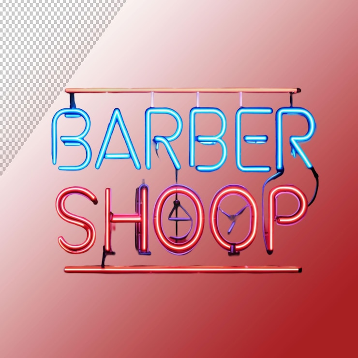 PSD tienda de barbería texto luz de neón en fondo transparente