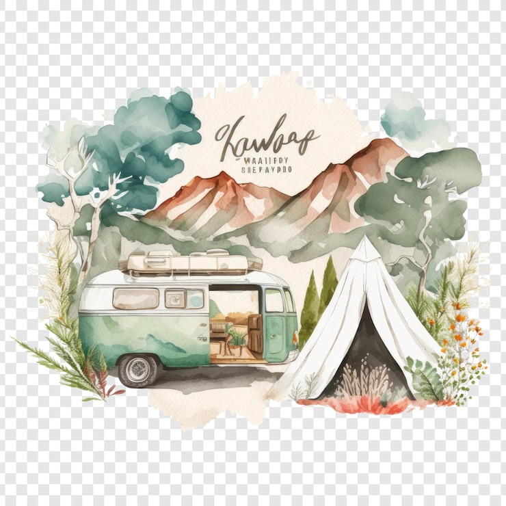 PSD una tienda con un camper en él y una tienda con una montaña en el fondo