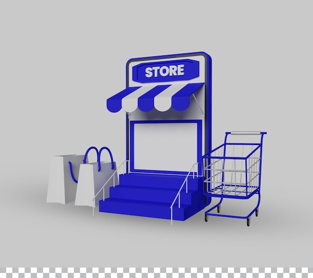 Tienda de compras en línea con carrito de compras móvil en ilustración 3d de estilo realista