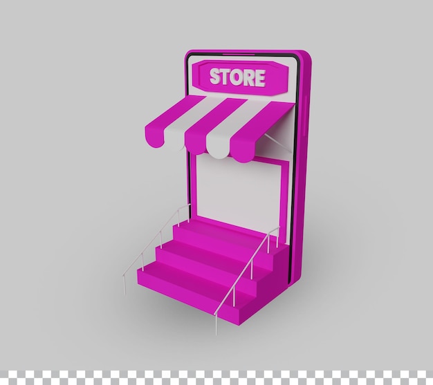 Tienda de compras en línea con móvil en ilustración 3d de estilo realista