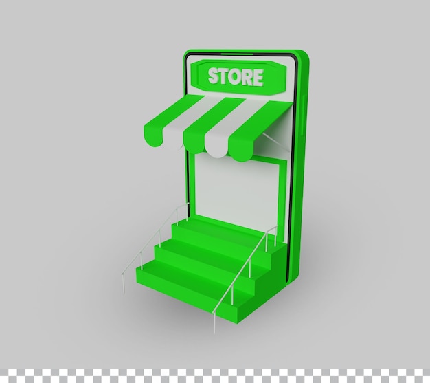 Tienda de compras en línea con móvil en ilustración 3d de estilo realista