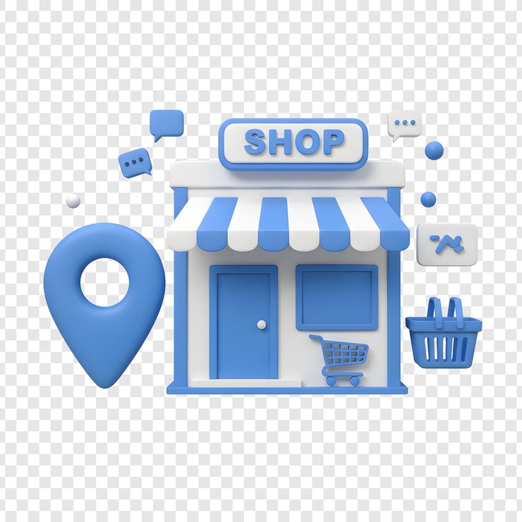 PSD tienda de dibujos animados en 3d con ubicación y carrito de compras
