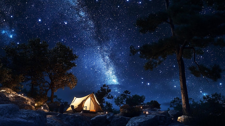 PSD una tienda iluminada bajo una impresionante galaxia de la vía láctea por la noche