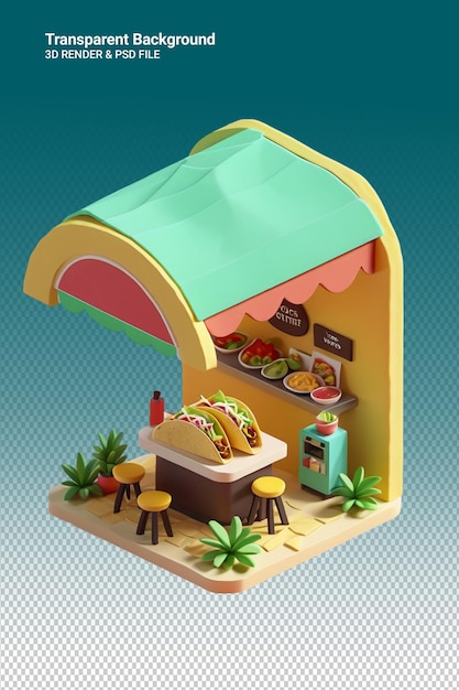 PSD una tienda de juguetes con una pequeña cabaña con un techo verde y una pequeña mesa con comida en ella
