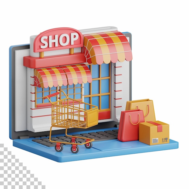 Tienda en línea de renderizado 3d aislada útil para compras de comercio electrónico y diseño de negocios en línea