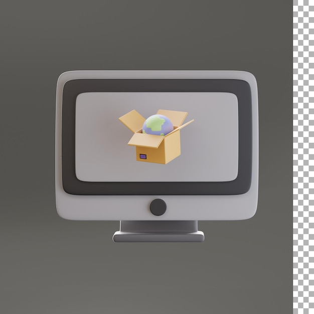 Tierra en caja de paquete con computadora Ilustración 3d