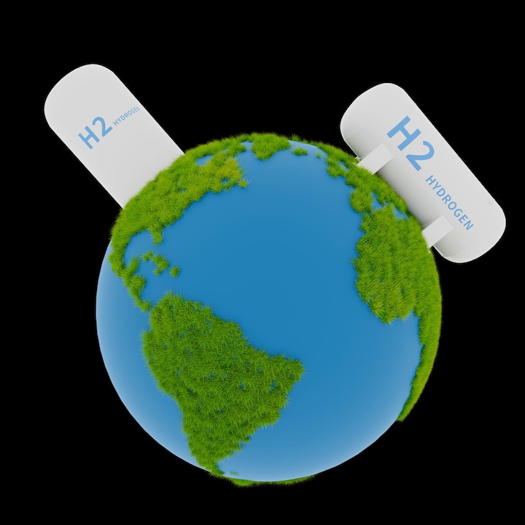 PSD tierra cubierta de hierba con objeto de energía de hidrógeno renderización 3d