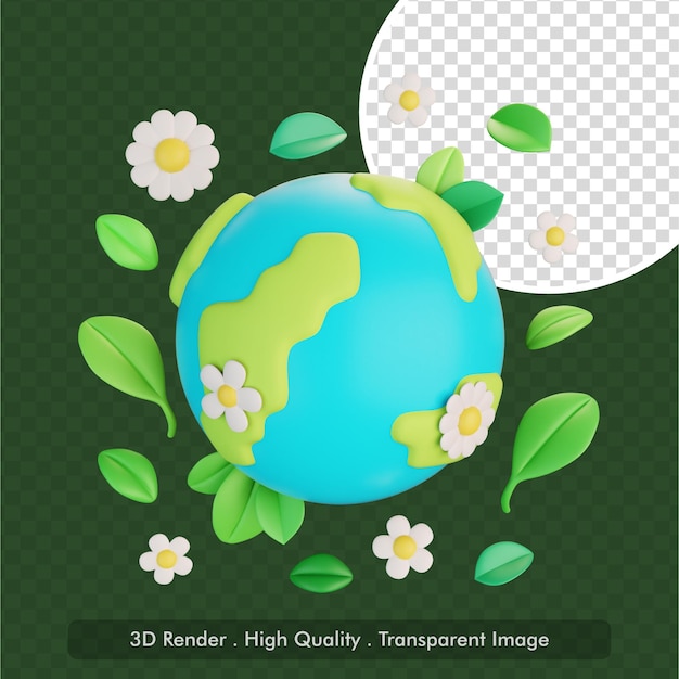 tierra, con, hojas verdes, y, flores blancas, lindo, 3d, estilizado, ilustración