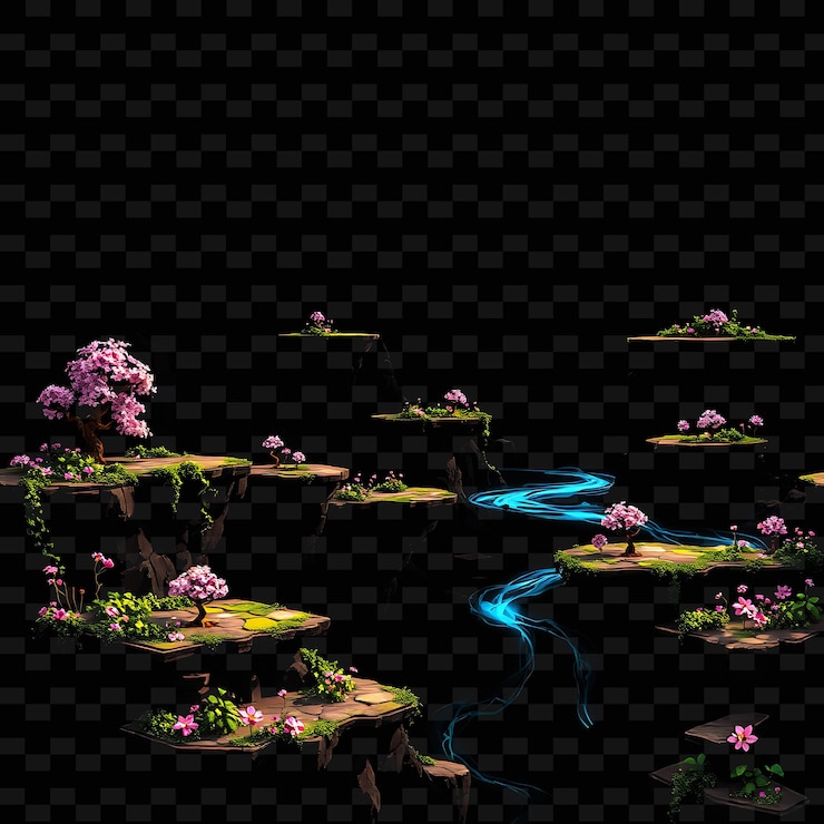 PSD la tierra metálica de píxeles, las vides digitales, las flores brillantes, los ríos pixelados, el suelo es un activo de juego metálico.