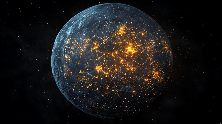 PSD tierra por la noche luces de la ciudad brillantes y conexiones de red