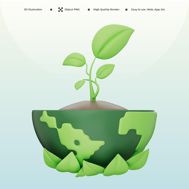 Tierra verde con hojas y plántulas Elemento ecológico 3D