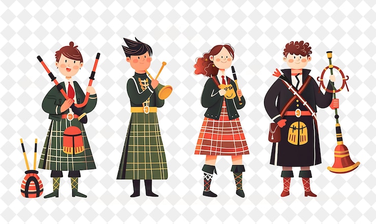PSD tierras altas escocesas con personajes que tienen una danza ceilidh de estilo de vida de la gente ilustración plana