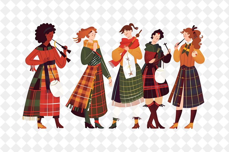 PSD tierras altas escocesas con personajes que tienen una danza ceilidh de estilo de vida de la gente ilustración plana