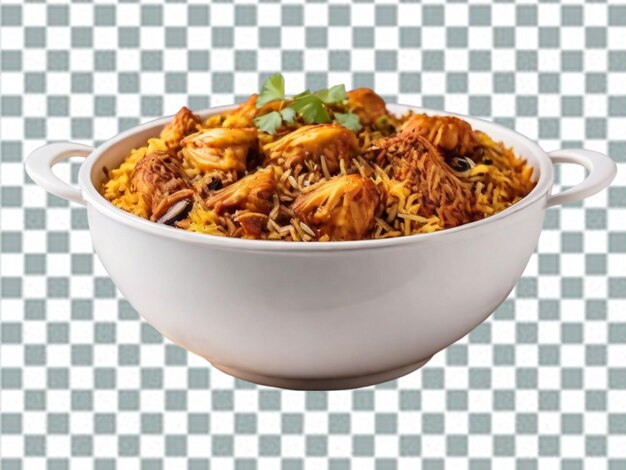 Tigela de biryani com pedaços de frango em um fundo transparente