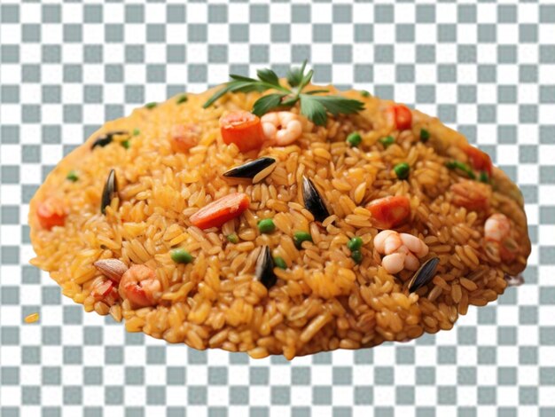 PSD tigela de biryani com pedaços de frango em um fundo transparente