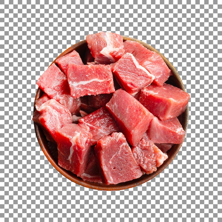 PSD tigela de cubos de carne crua em tigela com fundo transparente