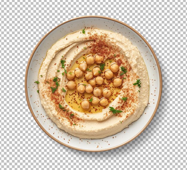 PSD tigela de hummus isolada em fundo branco vista superior tigela de um hummus caseiro