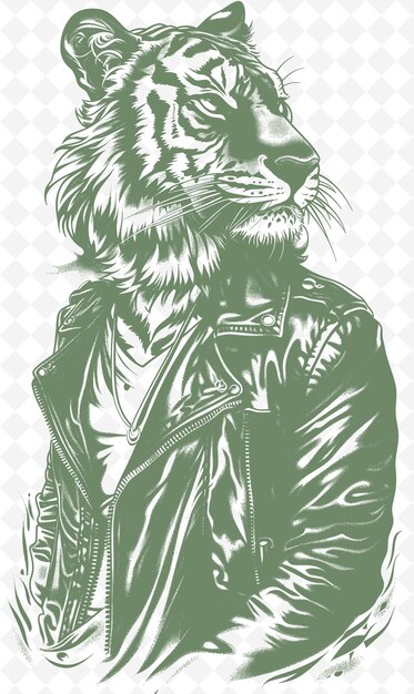 PSD tiger du bengale portant une veste en cuir avec des animaux express confiants sketch art vector collections