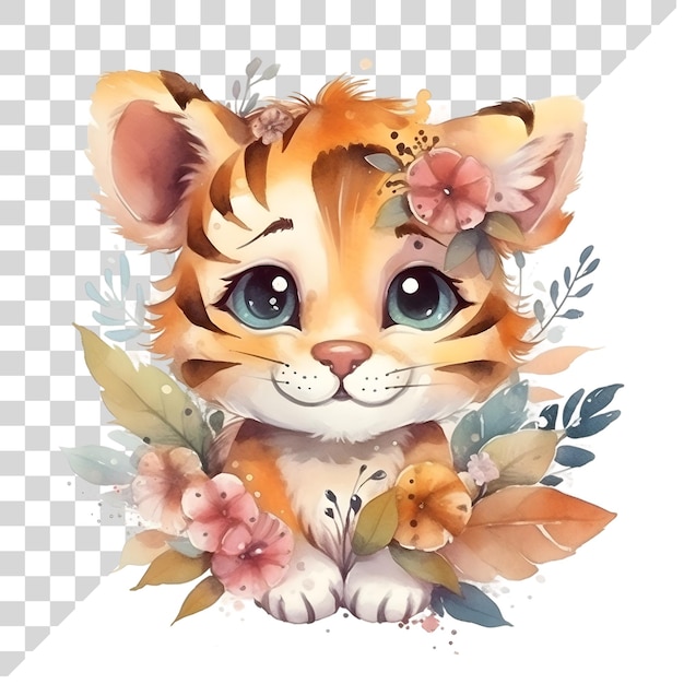 Tigre de acuarela de dibujos animados con flores en un fondo transparente