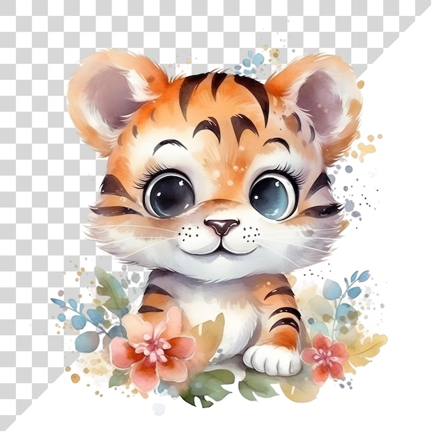 Tigre à L'aquarelle De Dessin Animé Avec Des Fleurs Sur Un Fond Transparent