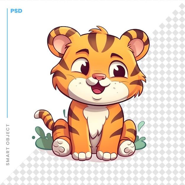 PSD tigre bonito dos desenhos animados sentado na grama ilustração vetorial isolada no fundo branco