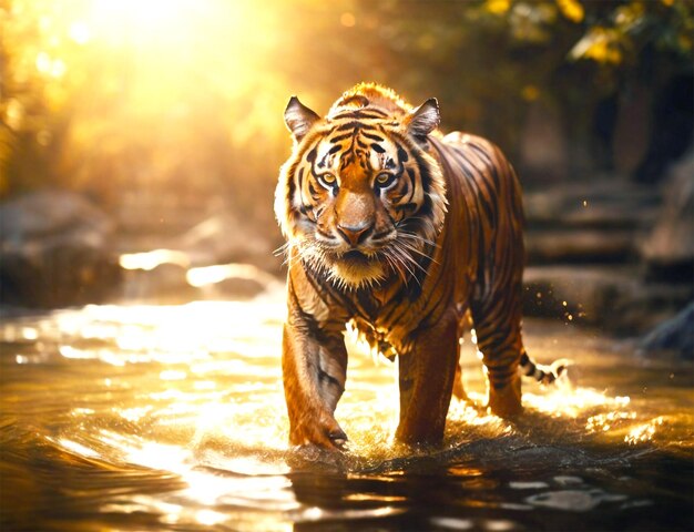 Tigre corriendo en acción en la hierba del campo con la luz del atardecer generativa ai