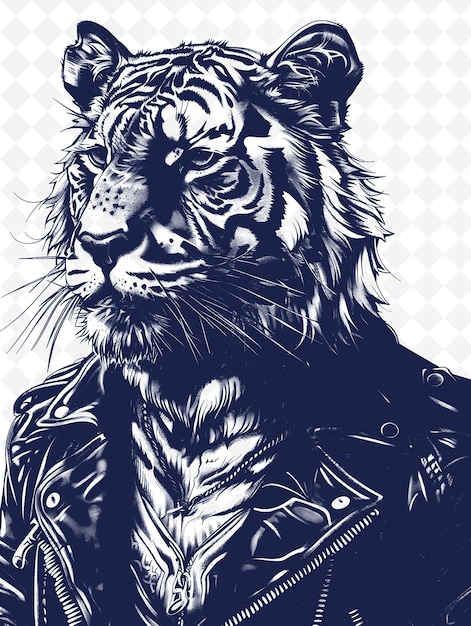 PSD tigre de bengala com uma jaqueta de couro e uma expressão legal pos animais sketch art vector collections