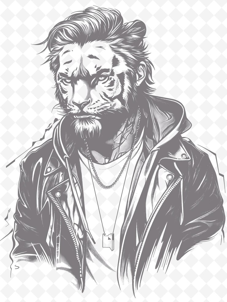 PSD tigre de bengala com uma jaqueta de couro e uma expressão legal pos animais sketch art vector collections