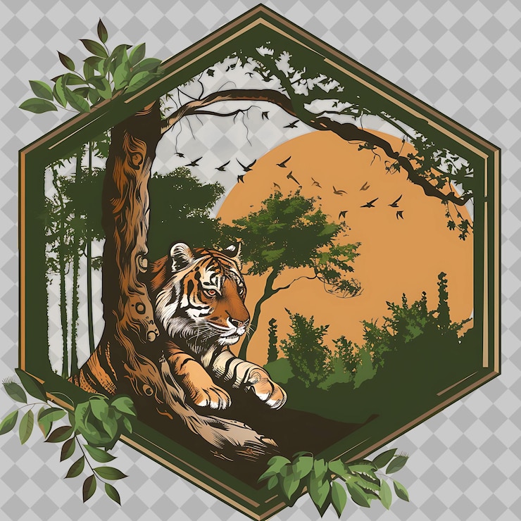 PSD tigre dentro de una silueta de bosque hexagonal adornado con un diseño de animales de acuarela png