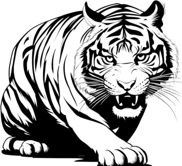 PSD tigre avec des détails en gros plan en noir et blanc aigénéré.