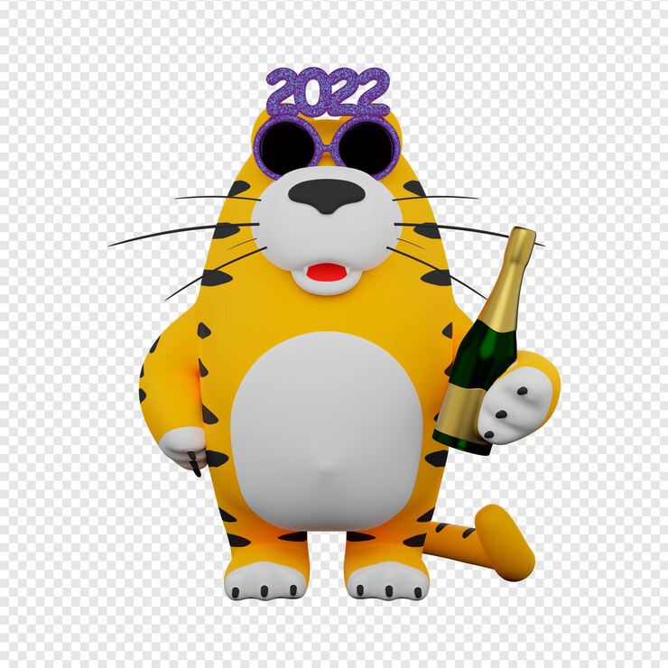PSD tigre de dibujos animados de año nuevo 3d con copas con champán