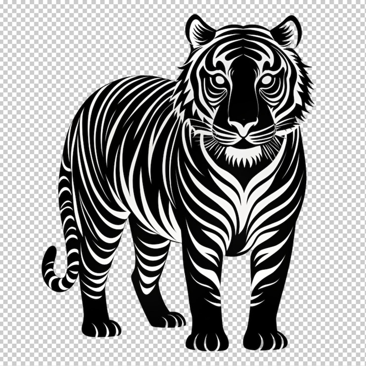 PSD tigre disegnato a mano in uno stile minimal linocut su uno sfondo trasparente