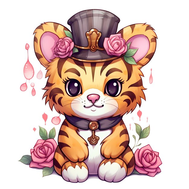 Un Tigre Drôle Avec Des Fleurs à L'aquarelle Illustration De Clipart