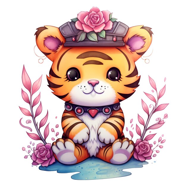 PSD un tigre drôle avec des fleurs à l'aquarelle illustration de clipart