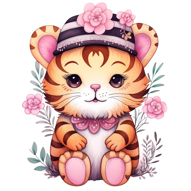 PSD tigre gracioso con flores acuarela ilustración de clipart