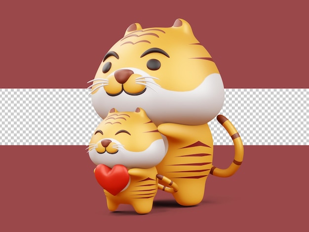 Tigre Heureux Avec Coeur, Saint Valentin, Illustration De Rendu 3d