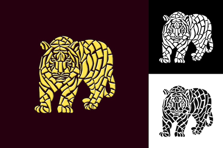 PSD tigre indonesio con icono de mosaico con un diseño vectorial abstracto inspirado en la cultura estilizada de azulejos