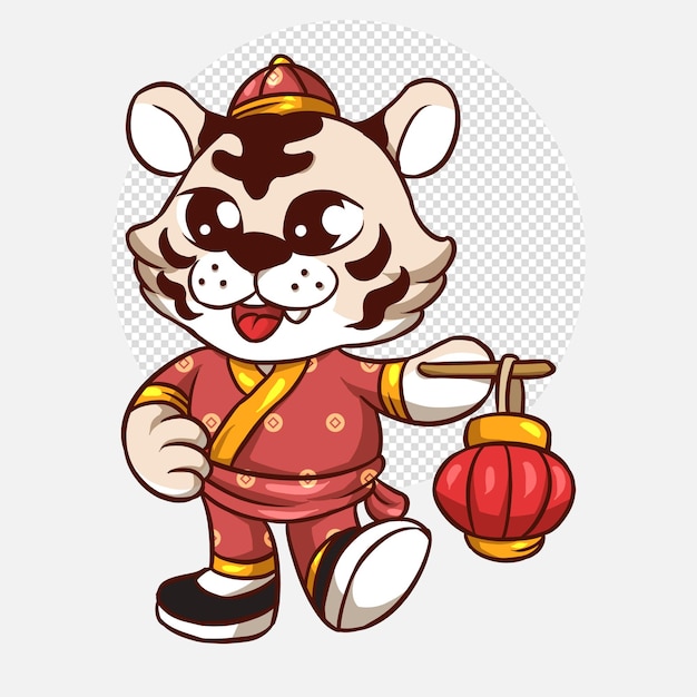 Tigre Mignon En Costume Chinois En Personnage De Dessin Animé, Carte De Voeux Joyeux Nouvel An Chinois