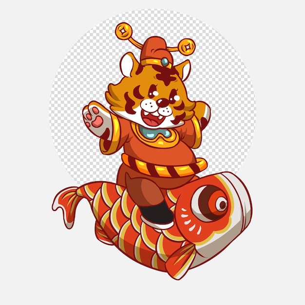 PSD tigre mignon du nouvel an chinois chevauchant un gros poisson carpe rouge