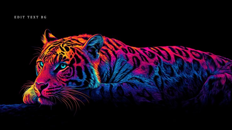 PSD un tigre de neón vibrante descansando con una mirada intensa en un fondo oscuro.