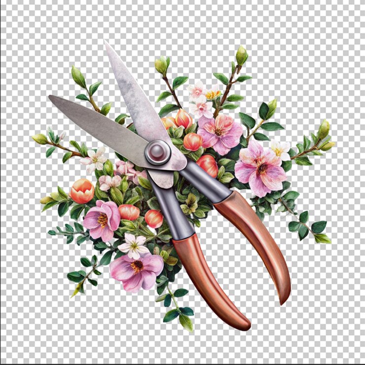 PSD las tijeras de setos, flores aisladas sobre un fondo transparente