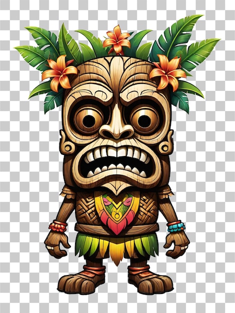 Tiki mascota tribal de madera personaje de dibujos animados adornos hawaianos en ilustración de fondo transparente