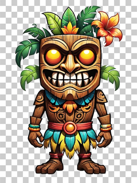 PSD tiki mascota tribal de madera personaje de dibujos animados adornos hawaianos en ilustración de fondo transparente